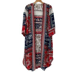 Established 1946 woman’s top cardigan duster red white blue floral size small